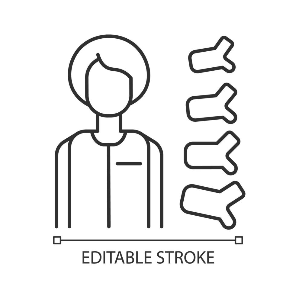 ortopedisk läkare linjär ikon. ortopedisk kirurg. behandling av ryggradssjukdomar. ortopedi. tunn linje anpassningsbar illustration. kontur symbol. vektor isolerade konturritning. redigerbar linje