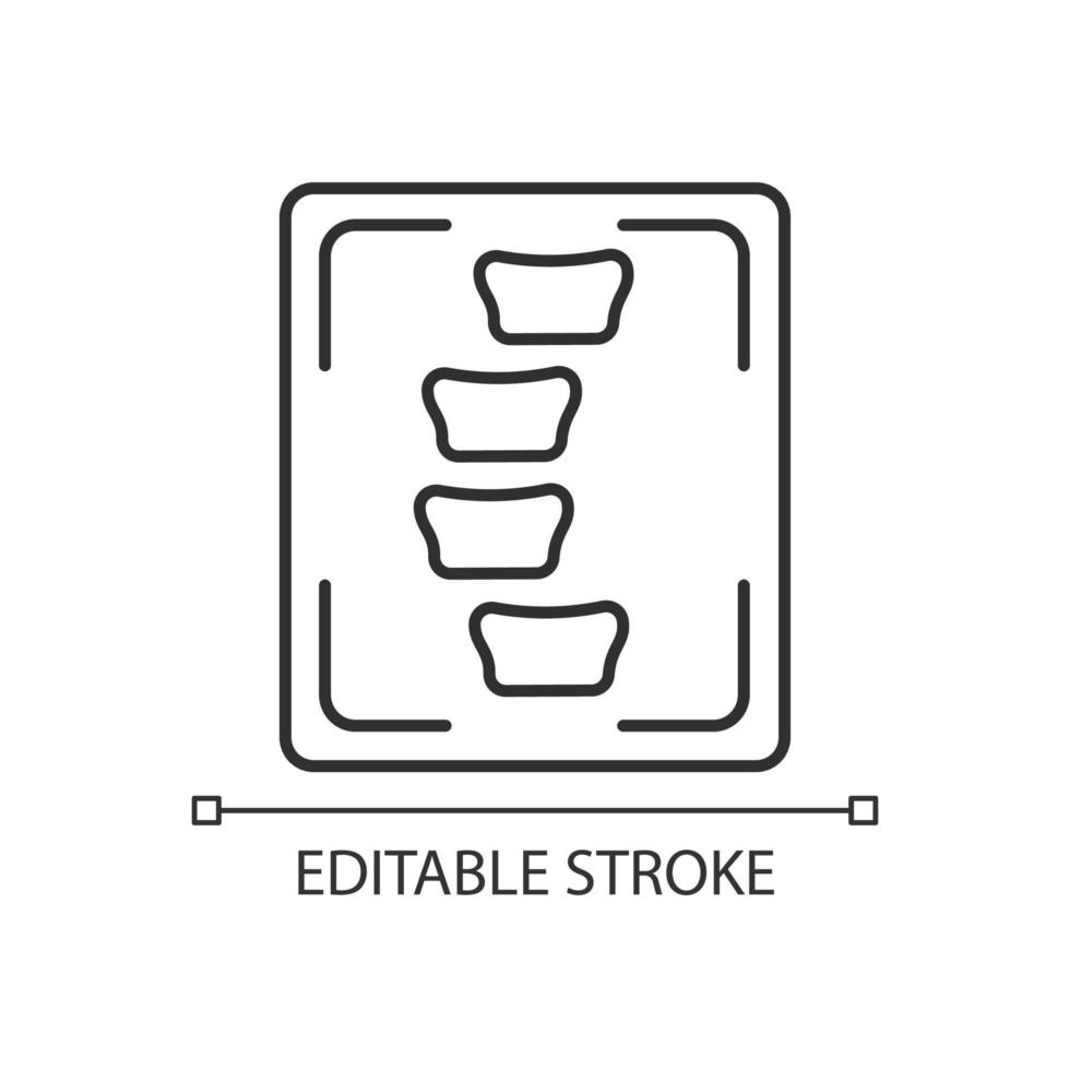 röntgen av skolios linjär ikon. röntgenbild av ryggradsben. undersökning av ryggradskurvatur. tunn linje anpassningsbar illustration. kontur symbol. vektor isolerade konturritning. redigerbar linje