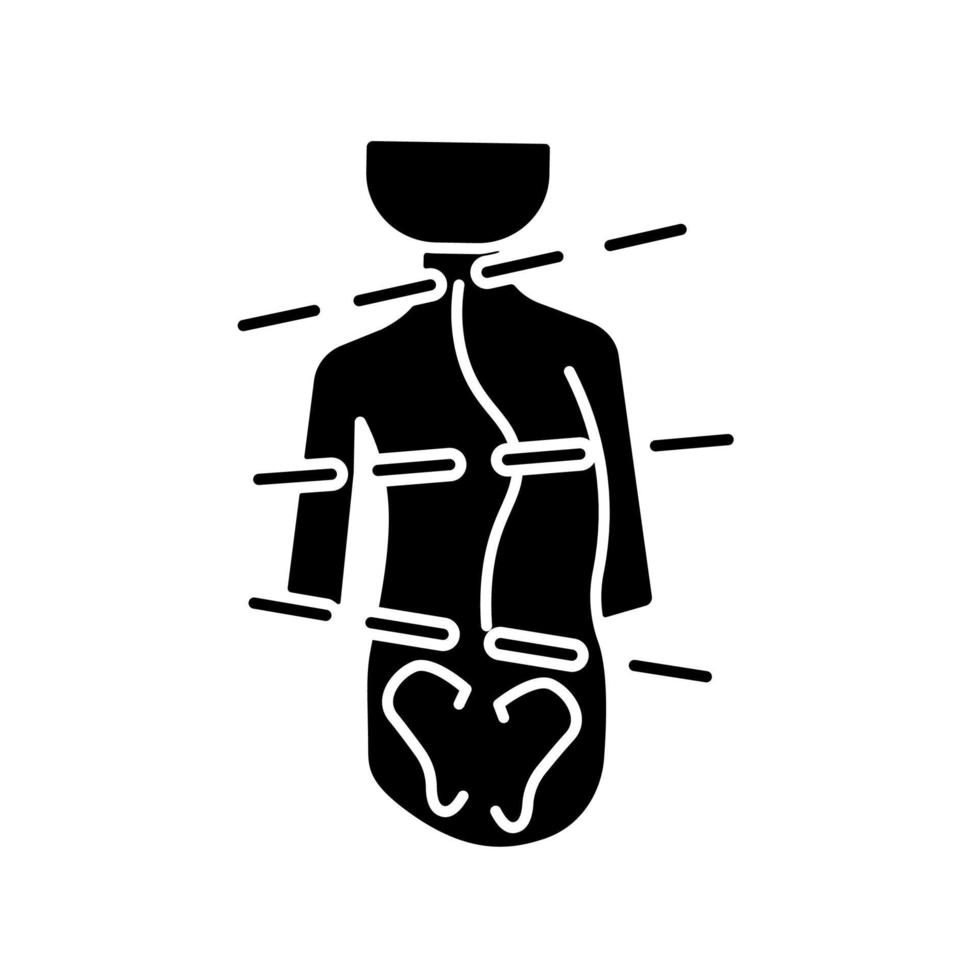 idiopatisk skolios svart glyfikon. onormal krökning i ryggraden. ryggradsdeformation. ungdomsskolios symptom. ryggmärgsproblem. siluett symbol på vitt utrymme. vektor isolerade illustration