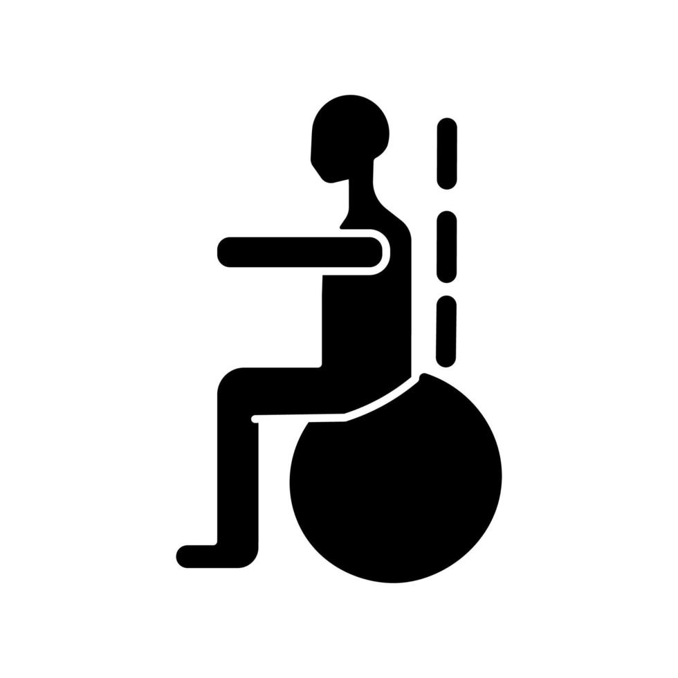 Gymnastikball trainiert schwarzes Glyphensymbol. Skoliose-Vorbeugung. Swiss Ball Kern und Rückenstärkung. Therapieball balancieren. Silhouette-Symbol auf Leerzeichen. isolierte Vektorgrafik vektor