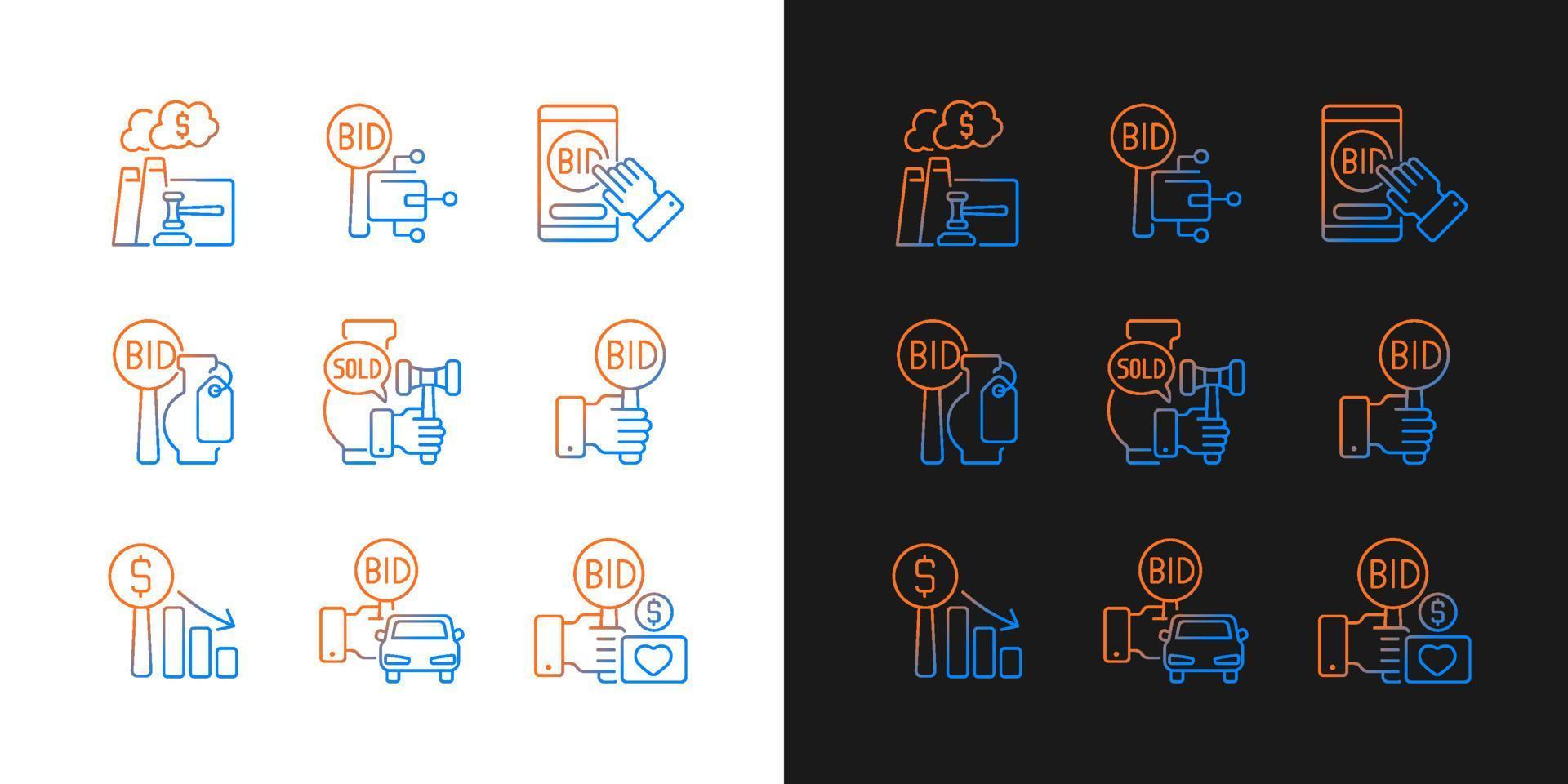 typer av auktionsgradientikoner inställda för mörkt och ljust läge. budgivning på fordon och konst. tunn linje kontur symboler bunt. isolerade vektor kontur illustrationer samling på svart och vitt