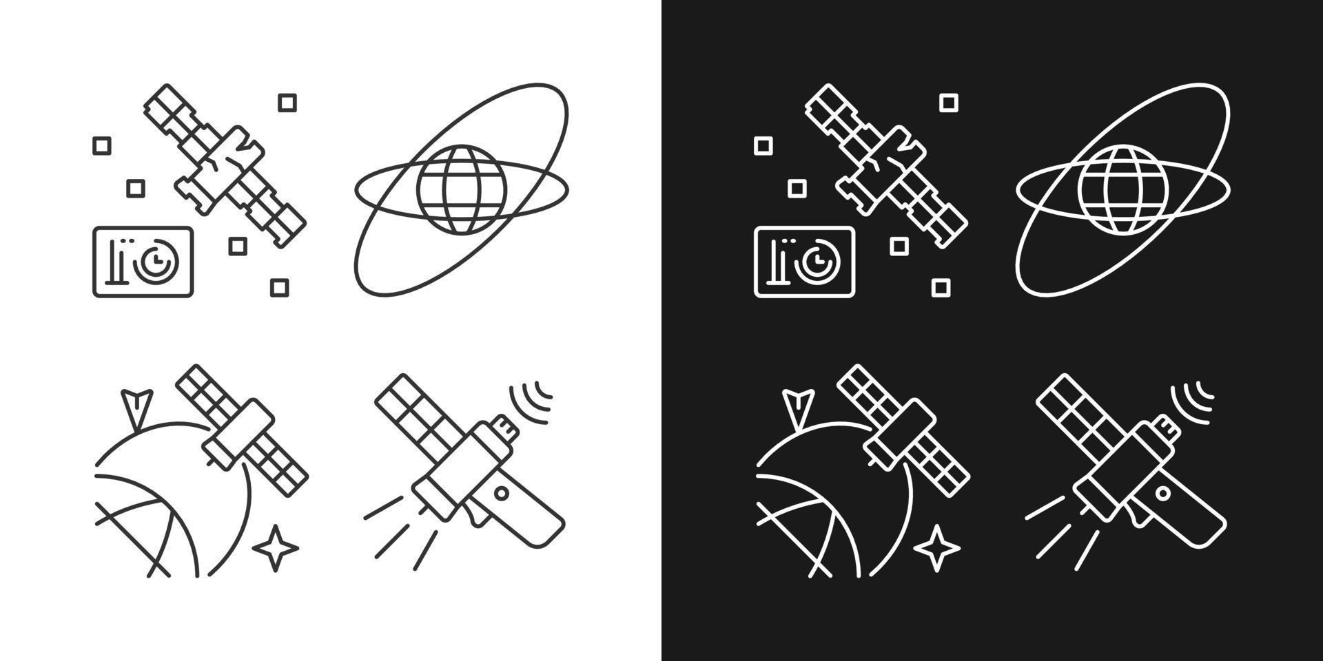 Satelliten im Weltraum lineare Symbole für den dunklen und hellen Modus. Standort von Wissenschaftsraumfahrzeugen, Positionierung im Weltraum. anpassbare dünne Liniensymbole. isolierte Vektorgrafiken. bearbeitbarer Strich vektor