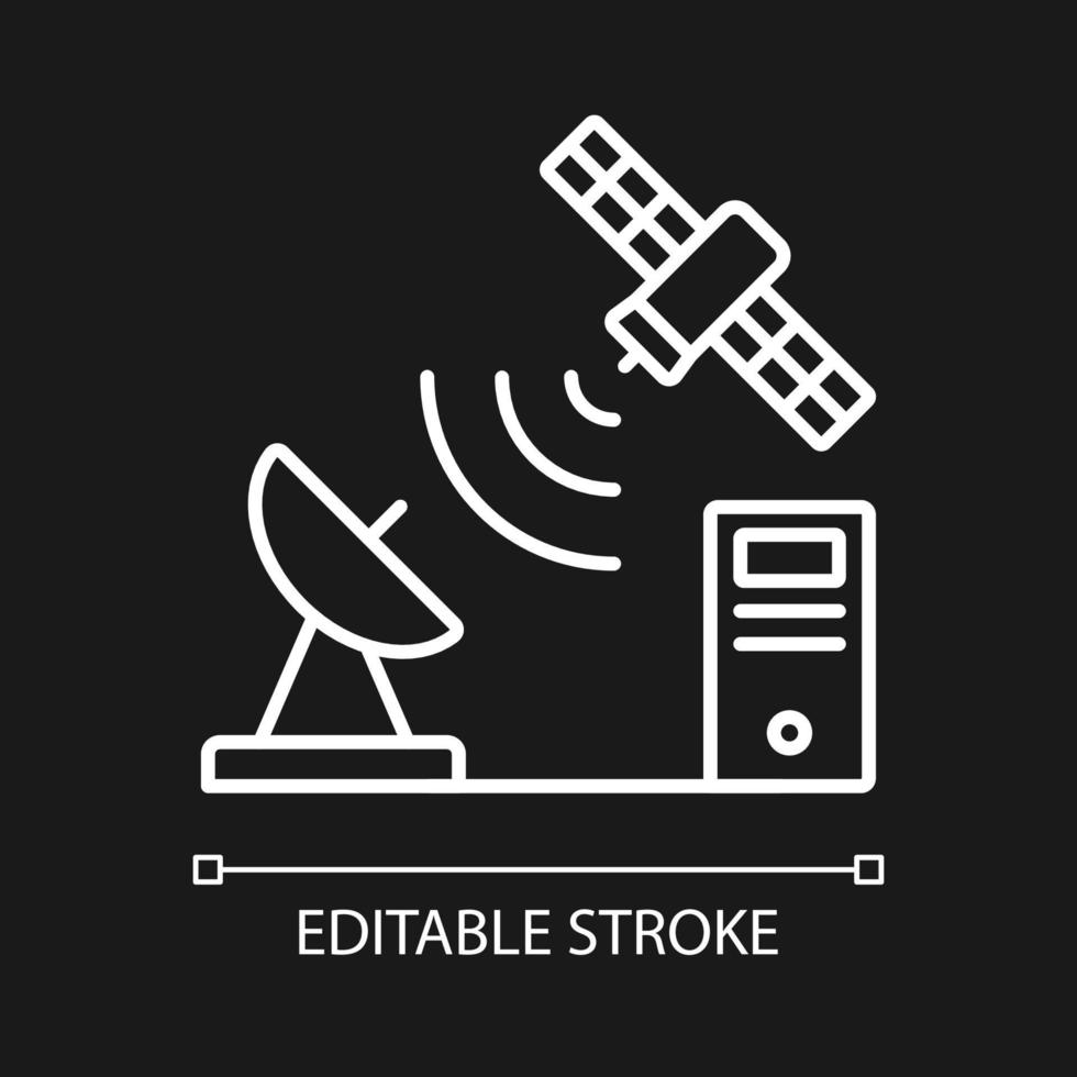 tcp över satellit vit linjär ikon för mörkt tema. global telekommunikationsnätverksanslutning. tunn linje anpassningsbar illustration. isolerade vektorkontursymbol för nattläge. redigerbar linje vektor