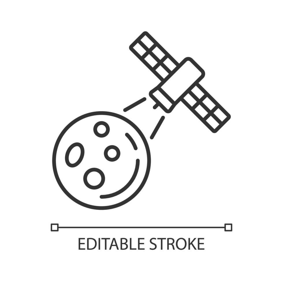 månobservationsprocessen linjär ikon. Månens ytforskningsuppdrag av konstgjord satellit. tunn linje anpassningsbar illustration. kontur symbol. vektor isolerade konturritning. redigerbar linje