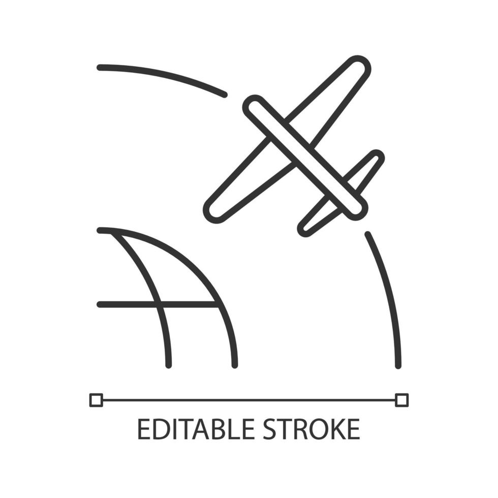 Lineares Symbol für Drohnensatelliten. Rotation eines Drohnensatelliten in einer geostationären Umlaufbahn. dünne Linie anpassbare Illustration. Kontursymbol. Vektor isolierte Umrisszeichnung. bearbeitbarer Strich