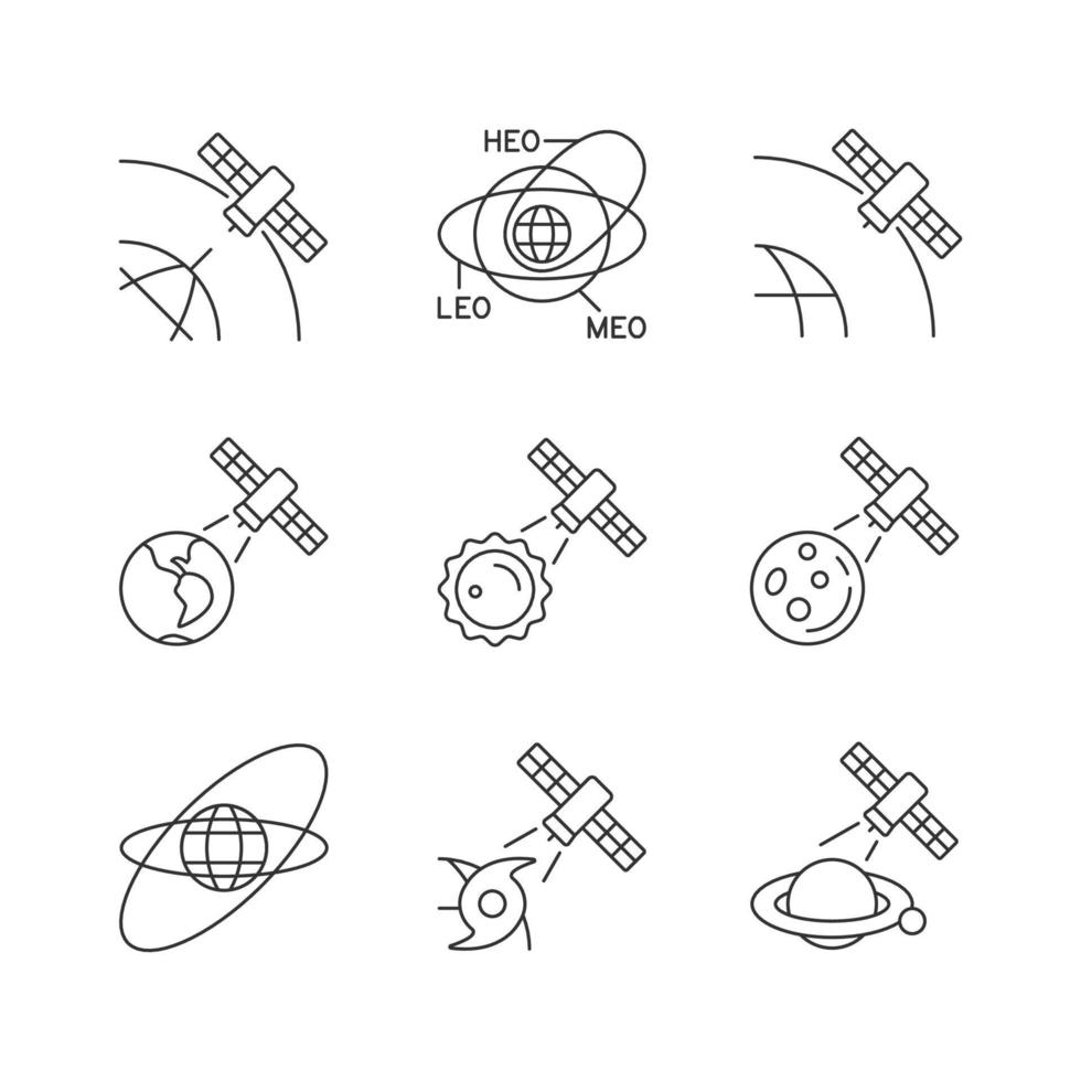 satelliter funktioner linjära ikoner set. global telekommunikation nätverksanslutning, signal. anpassningsbara tunna linjers kontursymboler. isolerade vektor kontur illustrationer. redigerbar linje