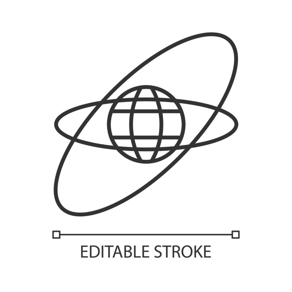 Satellitenumlaufbahnen, lineares Symbol für Flugbahnen. geostationäre Umlaufbahn. niedrige, mittlere, hohe Erdumlaufbahn. dünne Linie anpassbare Illustration. Kontursymbol. Vektor isolierte Umrisszeichnung. bearbeitbarer Strich