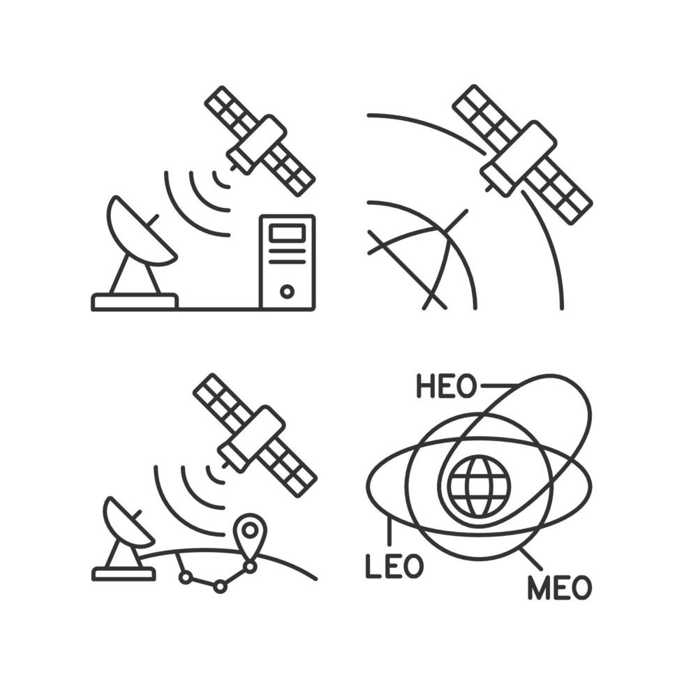 Lineare Symbole für Satellitenfunknavigation festgelegt. Standards für Übertragungskontrollprotokolle. Satellitenumlaufbahnen. anpassbare Kontursymbole mit dünnen Linien. isolierte Vektorgrafiken. bearbeitbarer Strich vektor
