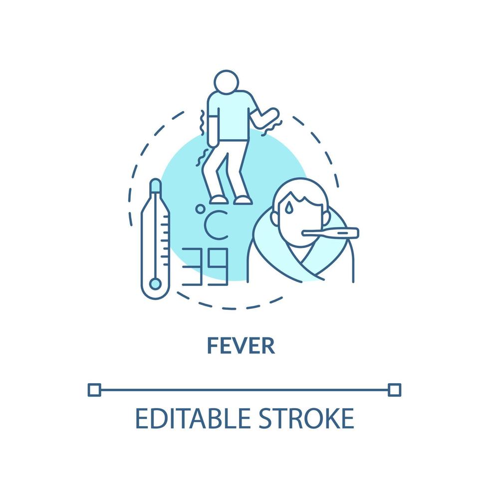 Fieber blaues Konzeptsymbol. hohe Temperatur und Schwitzen führen zu Wasserverlust. Grippe Schüttelfrost. Dehydration abstrakte Idee dünne Linie Illustration. Vektor isolierte Umriss-Farbzeichnung. bearbeitbarer Strich