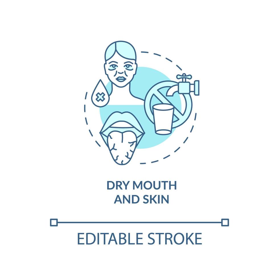Mundtrockenheit und blaues Konzeptsymbol der Haut. Dehydrationssymptom. Speichelmangel. Körperflüssigkeitsverlust abstrakte Idee dünne Linie Illustration. Vektor isolierte Umriss-Farbzeichnung. bearbeitbarer Strich