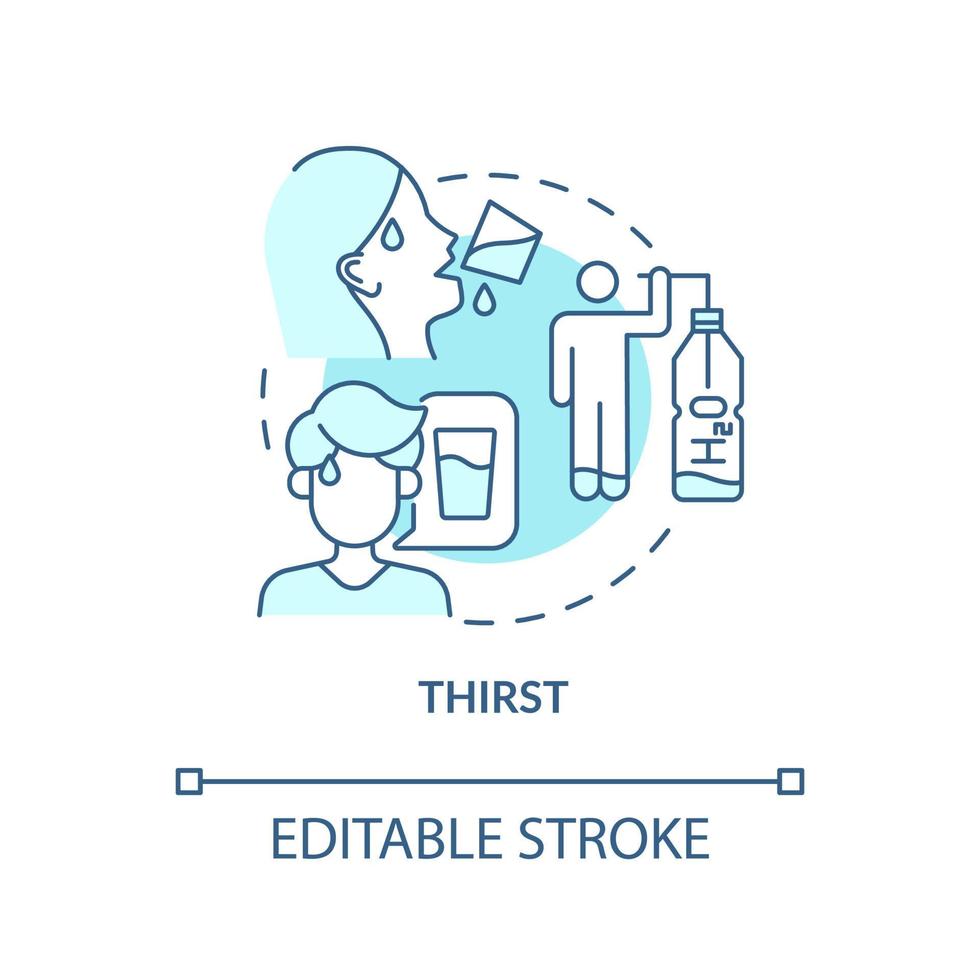 törst blå konceptikon. överdriven törst är diabetes tecken. vätskebalansen i kroppen. uttorkning tecken abstrakt idé tunn linje illustration. vektor isolerade kontur färgritning. redigerbar linje