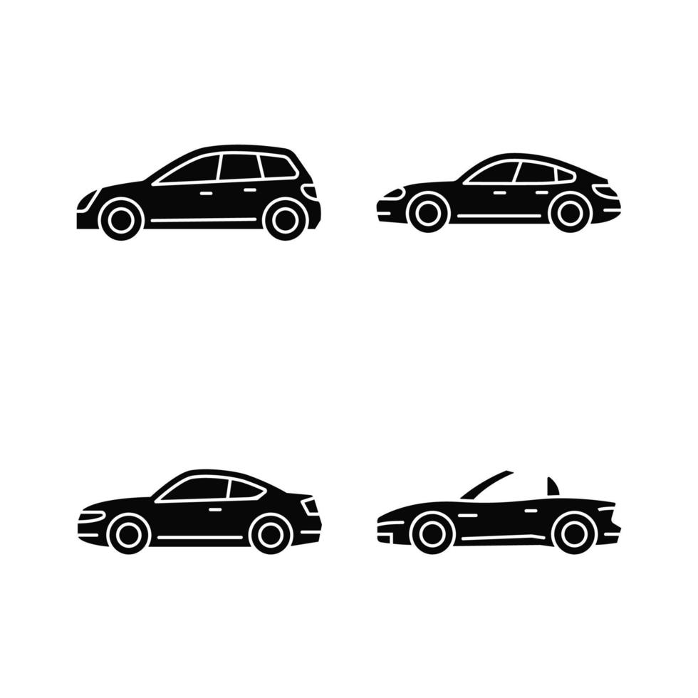 praktische Sportwagen schwarze Glyphensymbole auf weißem Raum. Schrägheck-Modell. sportliche Limousine. Coupé-Automobil. Cabriolet mit versenkbarem Dach. Silhouette-Symbole. isolierte Vektorgrafik vektor