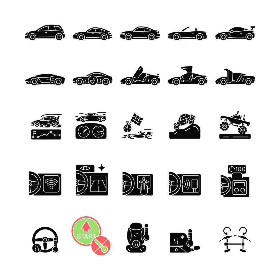auto racing svart glyph ikoner på vitt utrymme. kör sportbilar. innovativa tekniska funktioner. avancerad bilteknik. exteriör design. siluett symboler. vektor isolerade illustration