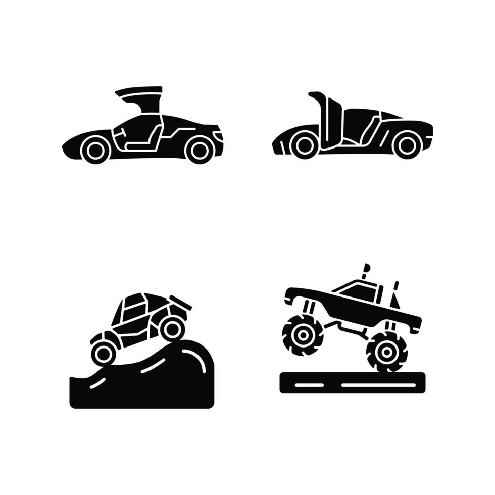 köra speciellt modifierade fordon svarta glyfikoner inställda på vitt utrymme. gångjärnsmekanism. terrängracing. monster Truck. auto med falkdörrar. siluett symboler. vektor isolerade illustration