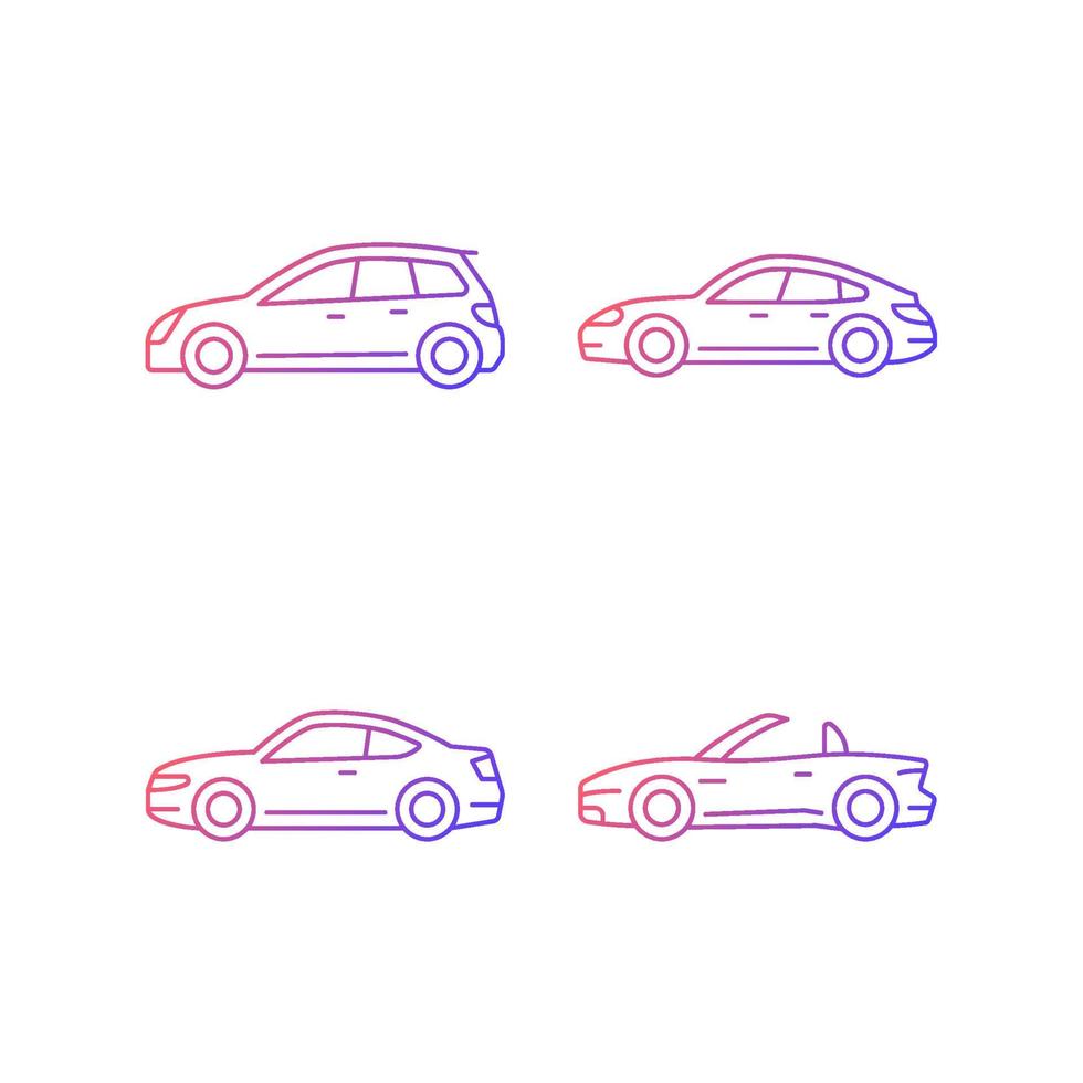 praktische Sportwagen-Gradienten-lineare Vektorsymbole eingestellt. Schrägheck-Modell. sportliche Limousine. Coupé-Automobil. Cabrio. dünne Linie Kontursymbole bündeln. Sammlung von isolierten Umrissillustrationen vektor