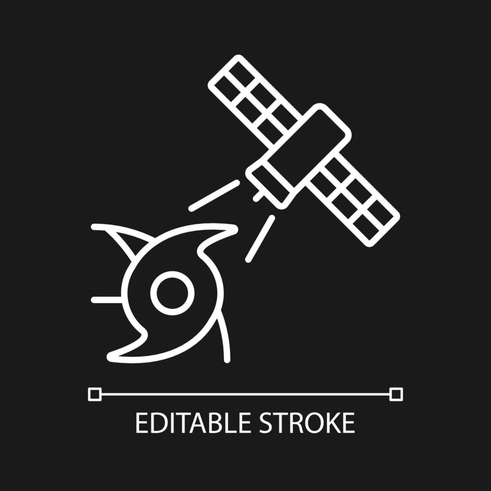 Wetter, Klimaüberwachung Satelliten weißes lineares Symbol für dunkles Thema. meteorologische Beobachtung. dünne Linie anpassbare Illustration. isoliertes Vektorkontursymbol für den Nachtmodus. bearbeitbarer Strich vektor