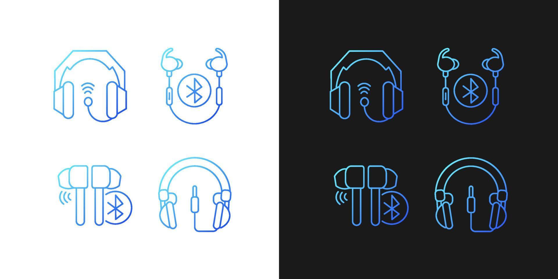 i örat och på örat hörlurar lutning ikoner inställda för mörkt och ljust läge. trådbundna headset. tunn linje kontur symboler bunt. isolerade vektor kontur illustrationer samling på svart och vitt