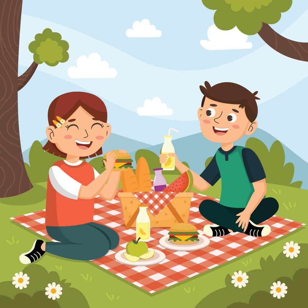 pojke och flicka picknick i parken vektor