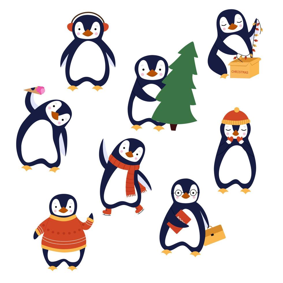 Weihnachtssatz süße blaue Pinguine isoliert auf weißem Hintergrund. flache Vektorgrafik vektor