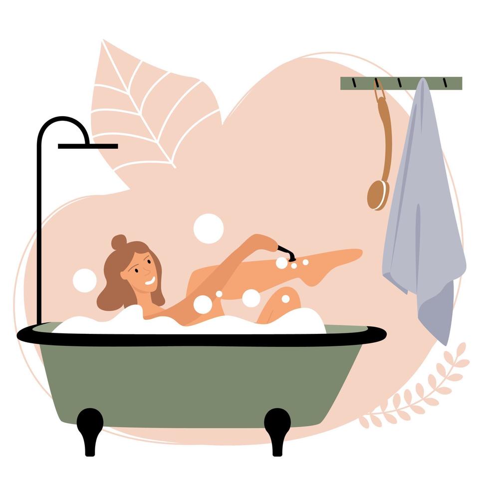 leende vit flicka med ljust hår tar ett bad med såpbubblor i badrummet. grönt bubbelbad. hem söt inredning. hygien och kroppsvård. vektor