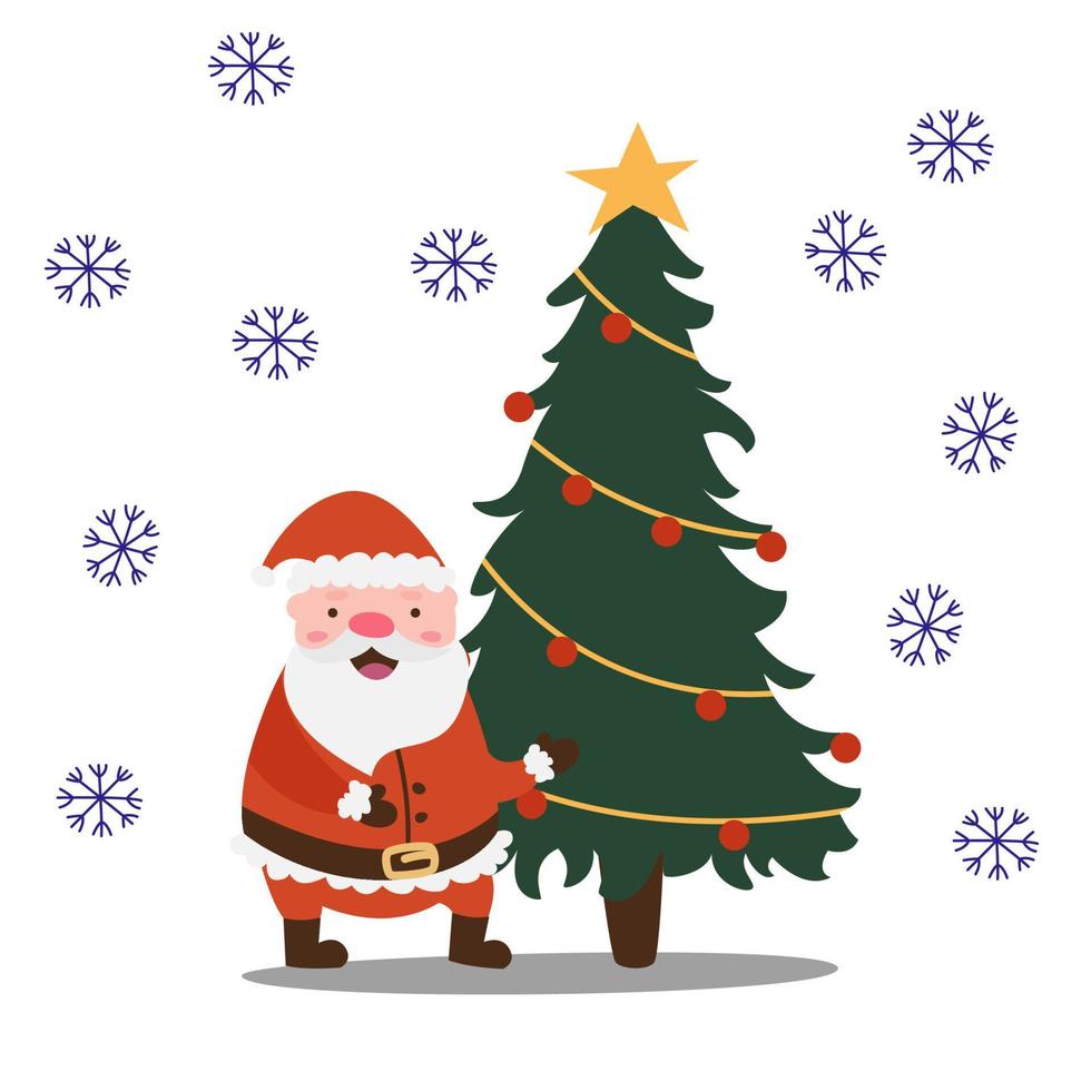 Cartoon-Vektor süßer Charakter Santa Claus steht und freut sich unter dem Weihnachtsbaum in einem roten Anzug mit Bart. Vektor-flache Illustration. Poster, Postkarte, Glückwünsche zu Weihnachten oder Neujahr. vektor