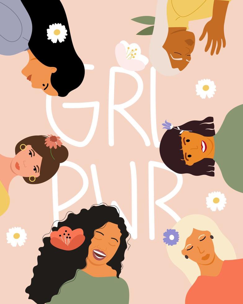 Tag der Gleichstellung der Frauen. Mädchenpower. Vektor-Illustration, die Frauen verschiedener Nationalitäten und Kulturen darstellt. Poster oder Banner auf rosa Hintergrund. vektor