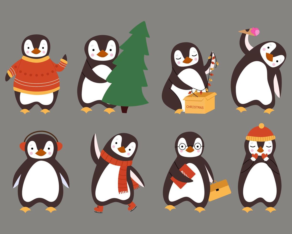 nyår uppsättning av söta svarta pingviner isolerad på grå bakgrund. platt vektor illustration