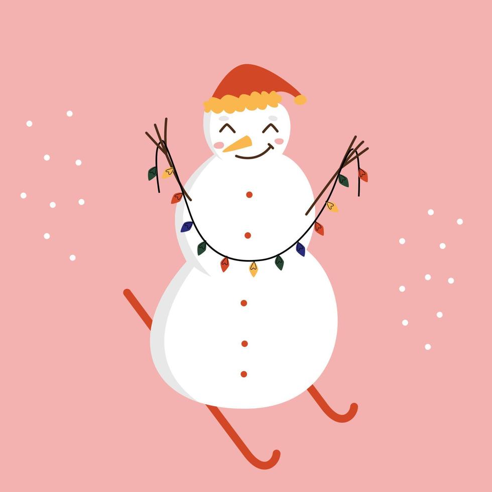 Ein süßer Cartoon-Schneemann in einem roten Hut hält eine Weihnachtsbaumgirlande mit seinen Handzweigen und steht auf Skiern. flache Vektorgrafik. vektor