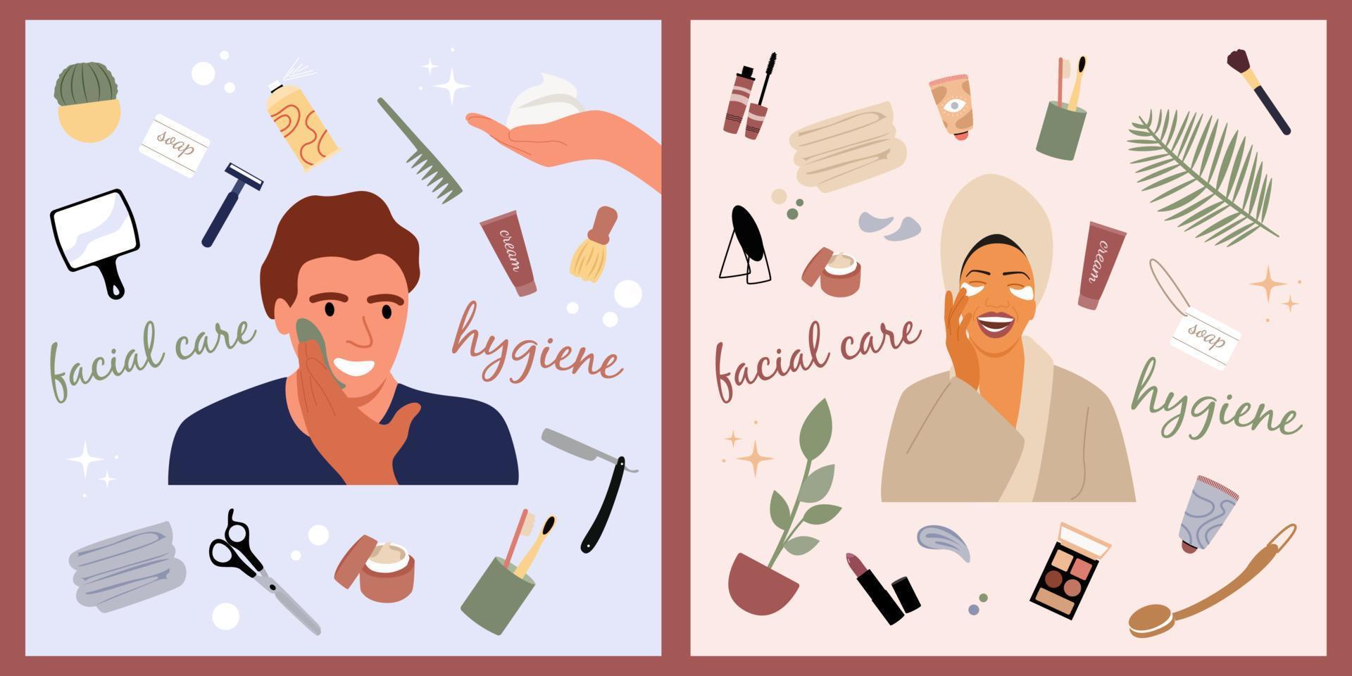 en man och en kvinna gör dagliga groomingprocedurer. kosmetika och tillbehör. vektor illustration platt om egenvård