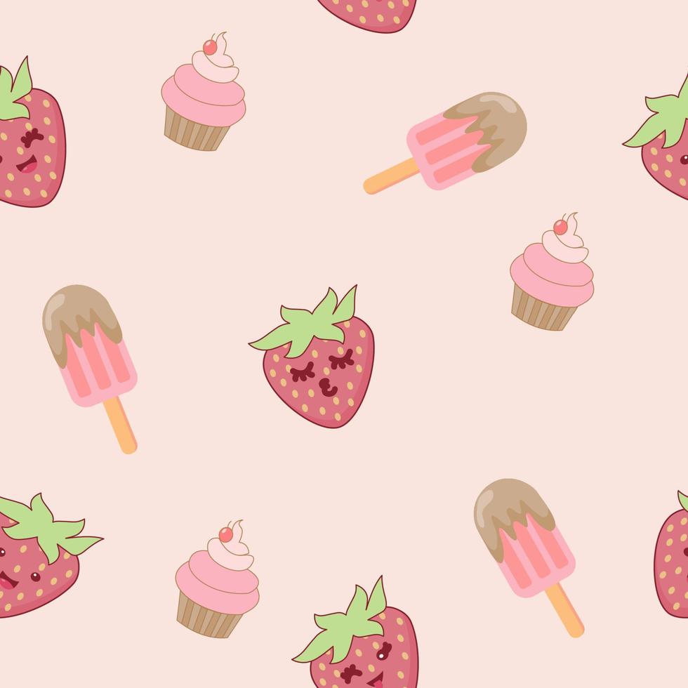 Süße Erdbeere Cartoon nahtlose Muster Vektor Hintergrunddesign für Kinder, Dekoration, Tapete, Geschenkpapier, Stoff, Hintergrund