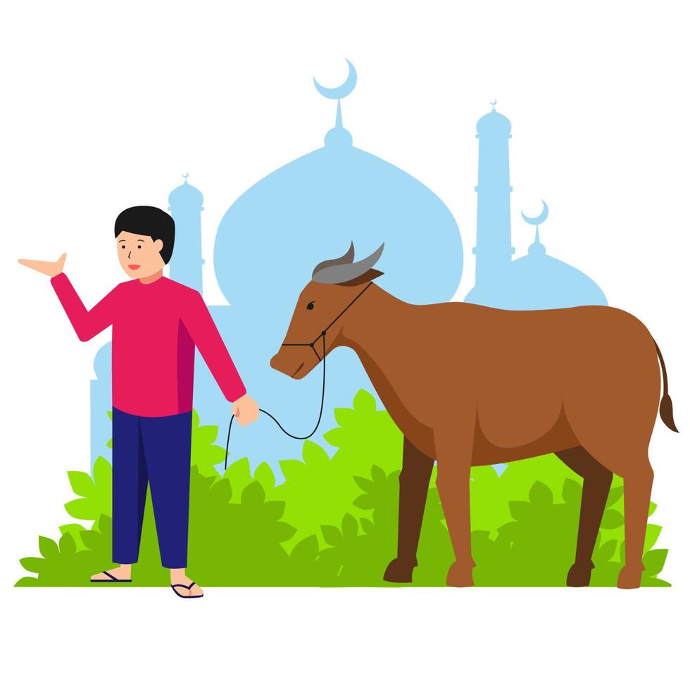 eid al adha mubarak die feier des muslimischen gemeinschaftsfestes. Bringe mit einem Muslim eine Kuh für qurban vektor