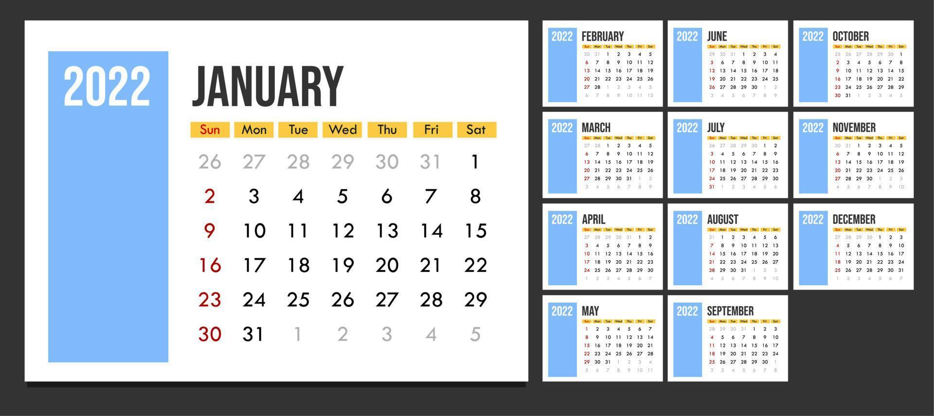 Monatskalendervorlage für das Jahr 2022. Woche beginnt am Sonntag. Kalender im minimalistischen Stil in Weiß und Blau. vektor