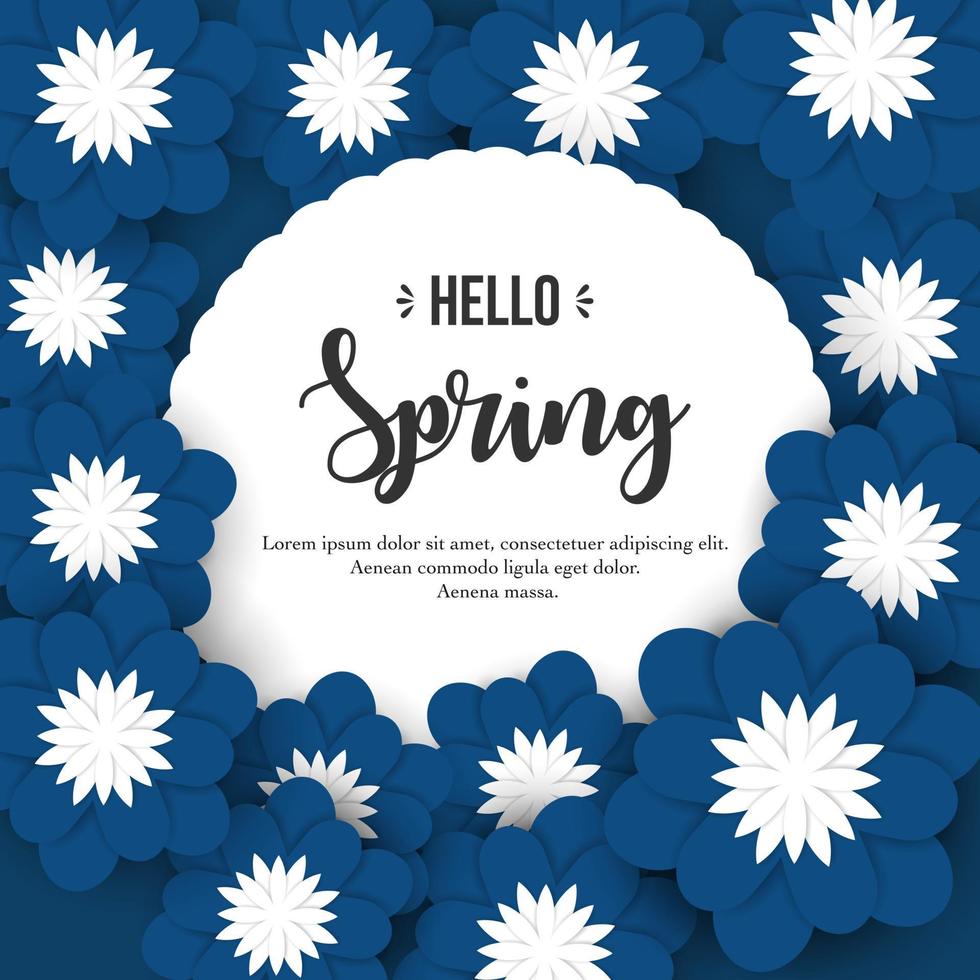 Hallo Frühlingshintergrund mit blauen Papierblumen und weißem Kreisrahmen vektor
