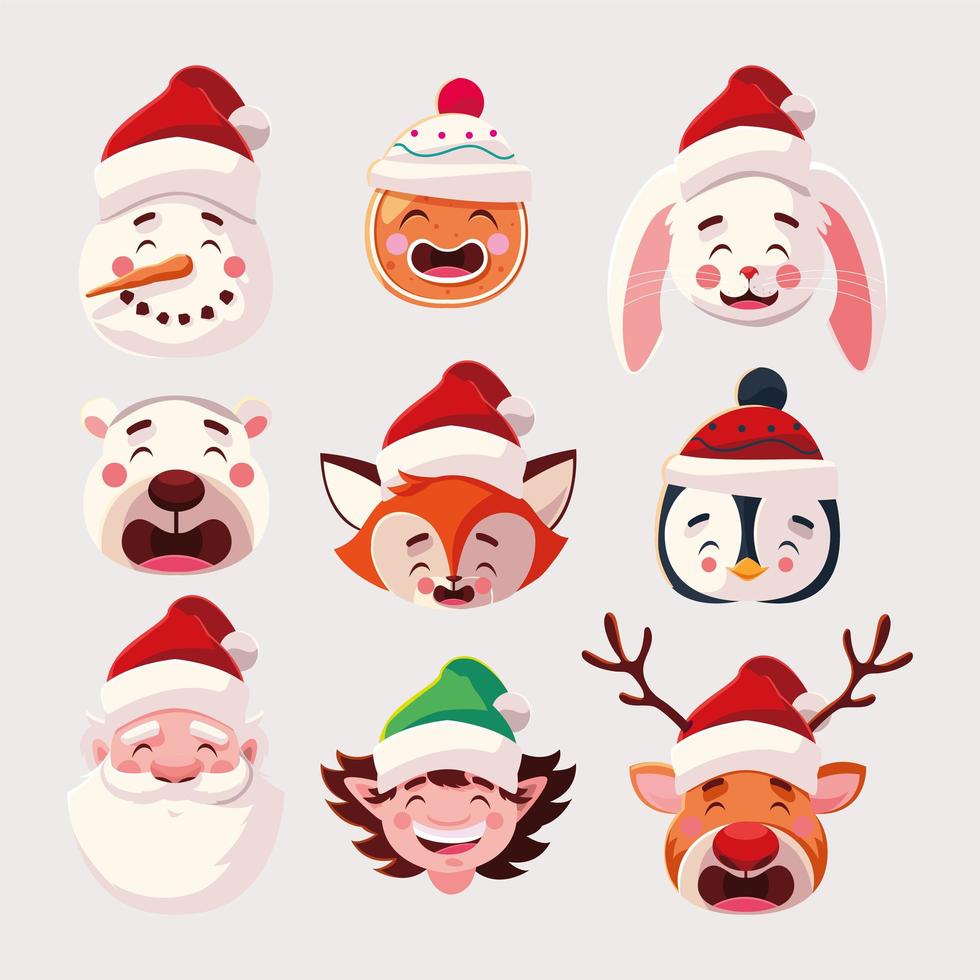 uppsättning ikoner jul med huvudet jultomten och djur vektor