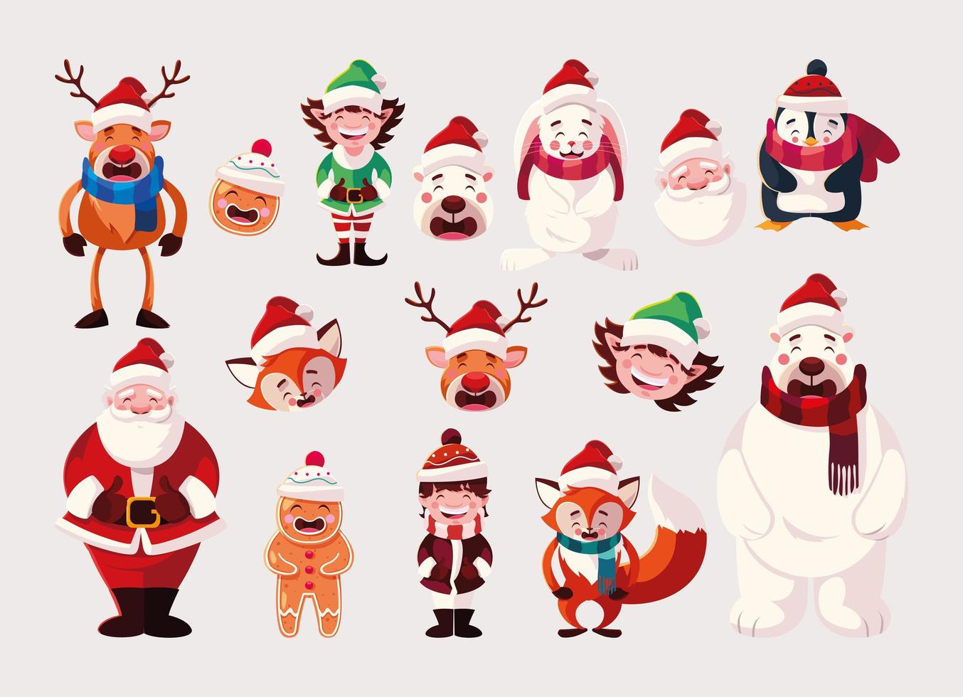 uppsättning ikoner jul med jultomten och djur vektor