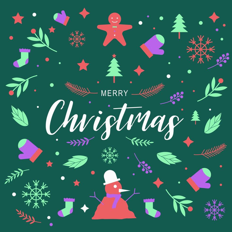 julhälsning med kalligrafi och element som träd, kakor, snö, stjärna, docka, grenar, tall vektor