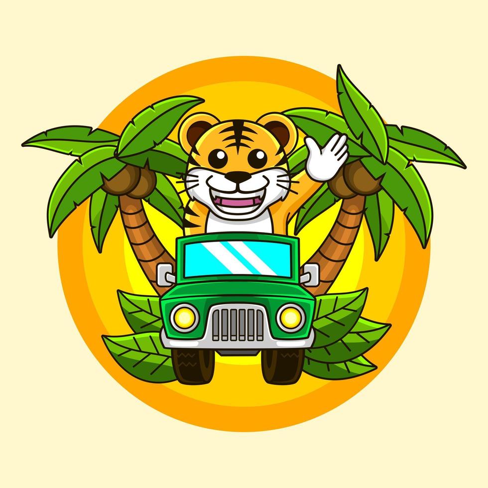 superkul tigerunge som kör bil och viftar med handen mot djungeln för en lägerillustration vektor