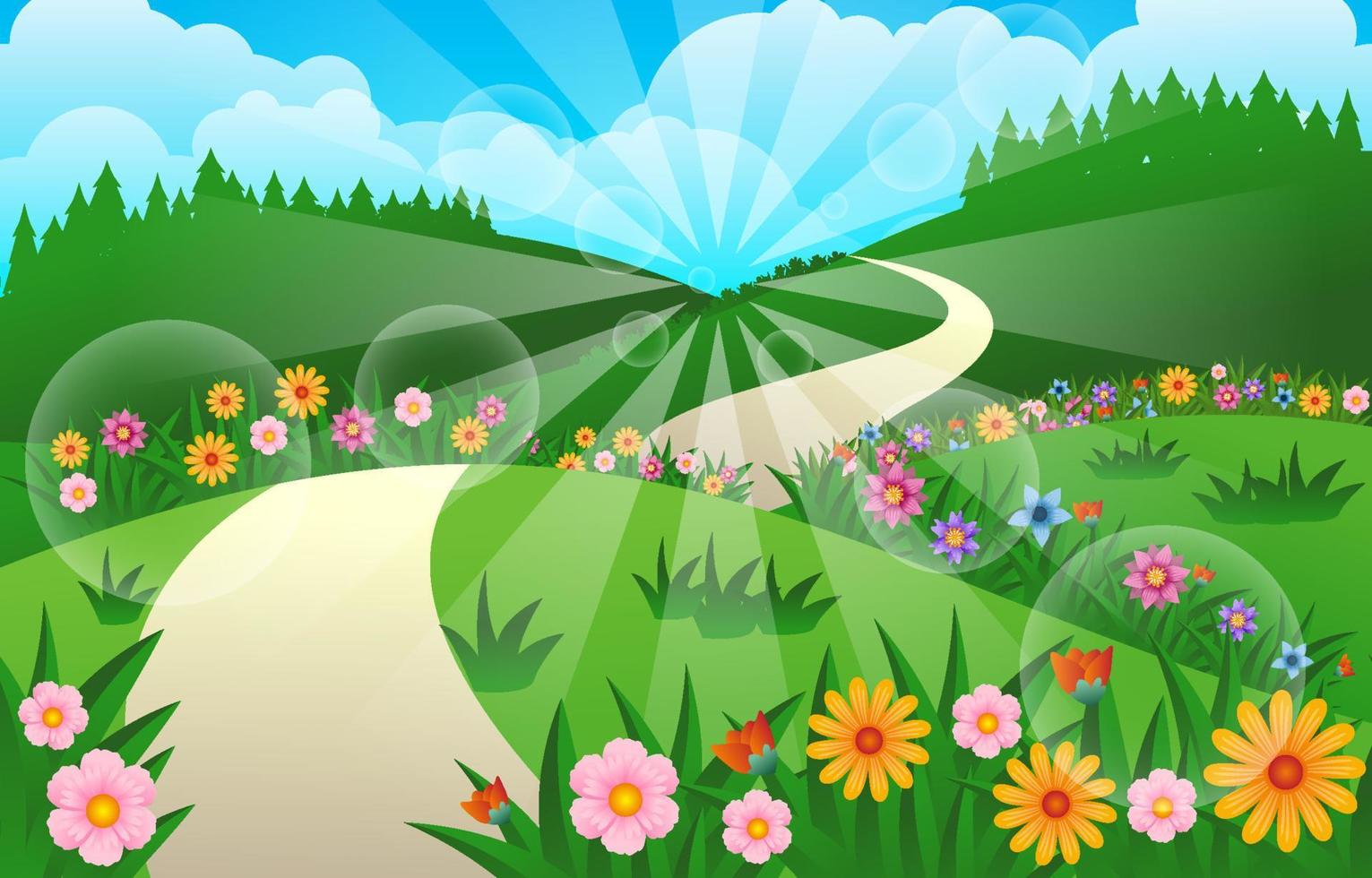 bunte Frühlingslandschaft grüner Hügel mit Blumen vektor