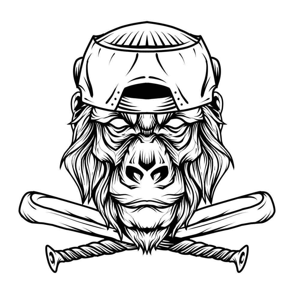 Gorilla Baseball Kopf Logo Strichzeichnungen vektor