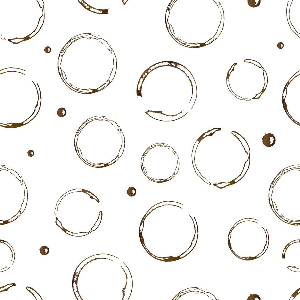Kaffeeflecken und -tropfen auf weißem nahtlosem Muster. braune Form der unteren Ringe der Kaffeetasse und Spritzer, isoliert auf weiss. Grunge Kreise und Spritzer. Vektorhintergrund für Café- oder Restaurantmenü vektor