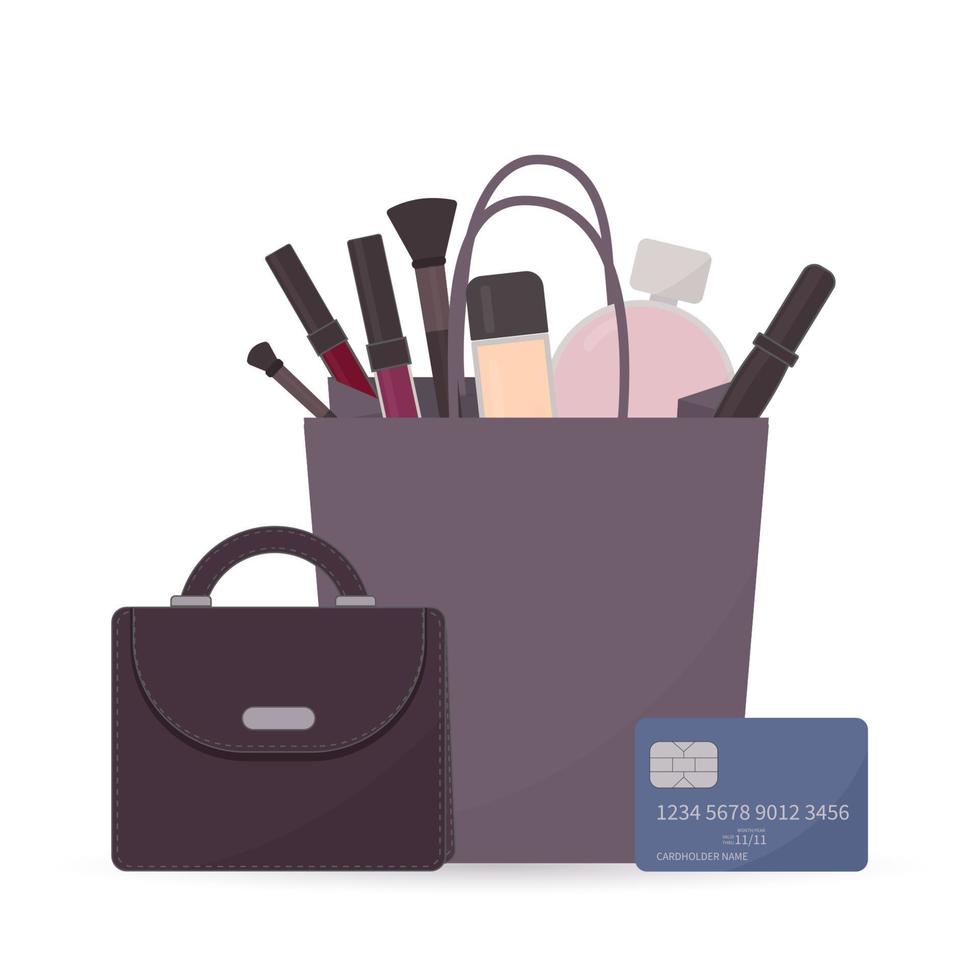 Kosmetikzubehör und Parfüm in Einkaufstasche, Geldbörse und Kreditkarte. Shopping-Konzept. flache Vektorillustration. vektor