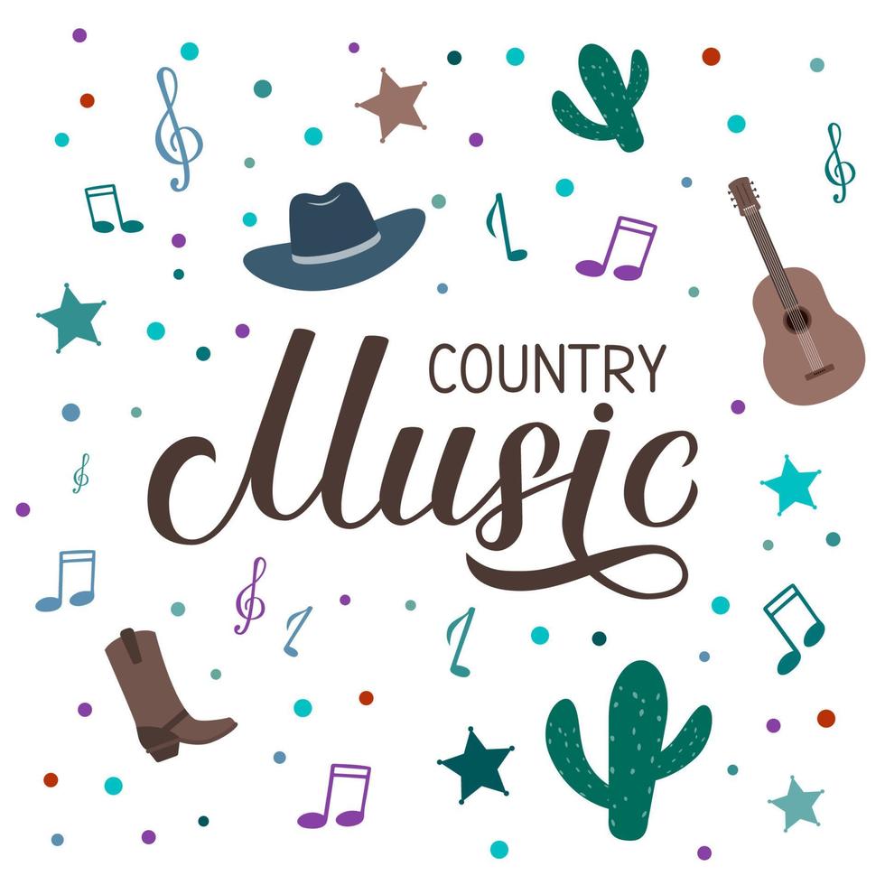 Country-Musik-Schriftzug mit Hut, Cowboystiefeln, Noten und Gitarre. Akustikgitarre Musikshow Typografie Poster. einfach zu bearbeitende Vektorvorlage für Banner, Zeichen, Logo, Flyer-Design, Einladung. vektor