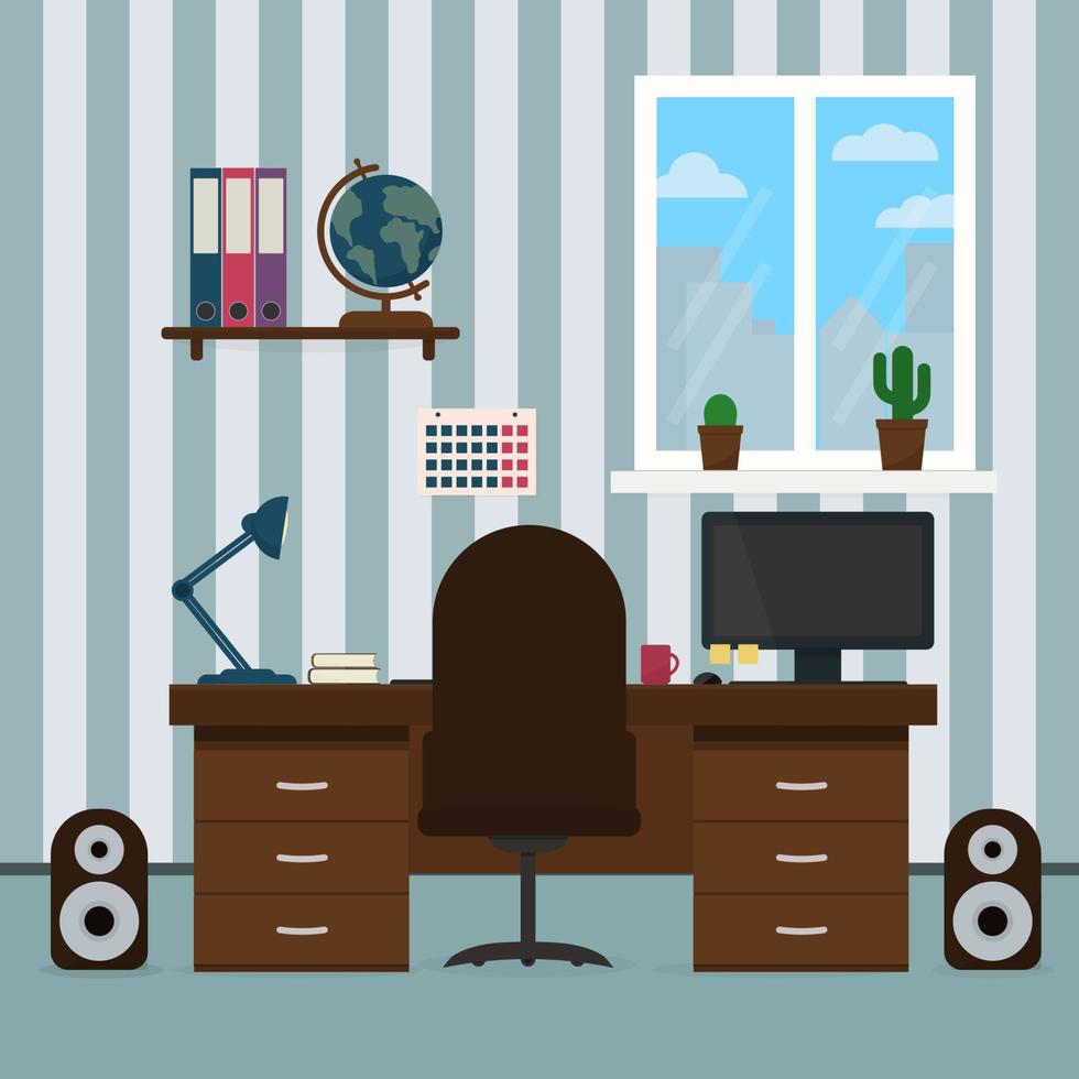 der Innenraum eines Teenagers. Arbeitsplatz des Schülers. Desktop mit Computer, Regale mit Büchern und Globus. Konzept der Bildung und des Home-Office-flache Vektor-Illustration. vektor