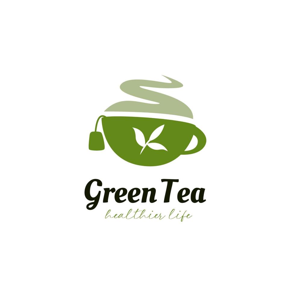 Kräuter-Grüntee-Logo-Symbol mit grüner Tasse und Teeblatt-Silhouette vektor