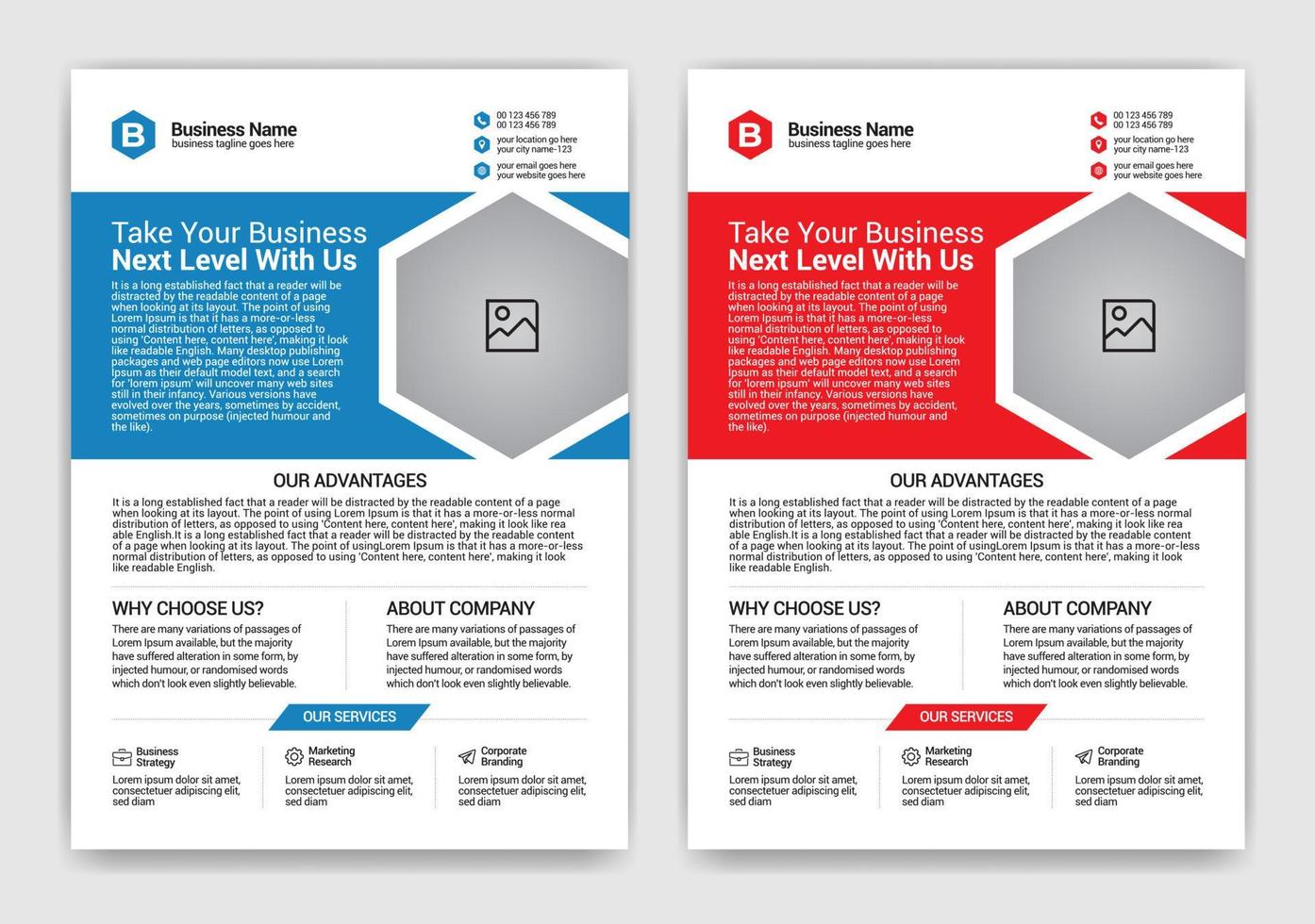 blaue und rote Farbe modernes, kreatives, auffälliges und professionelles Business- oder Corporate-Flyer-Vorlagendesign mit Rechteck-, Dreieck- und Kreisformvektor vektor