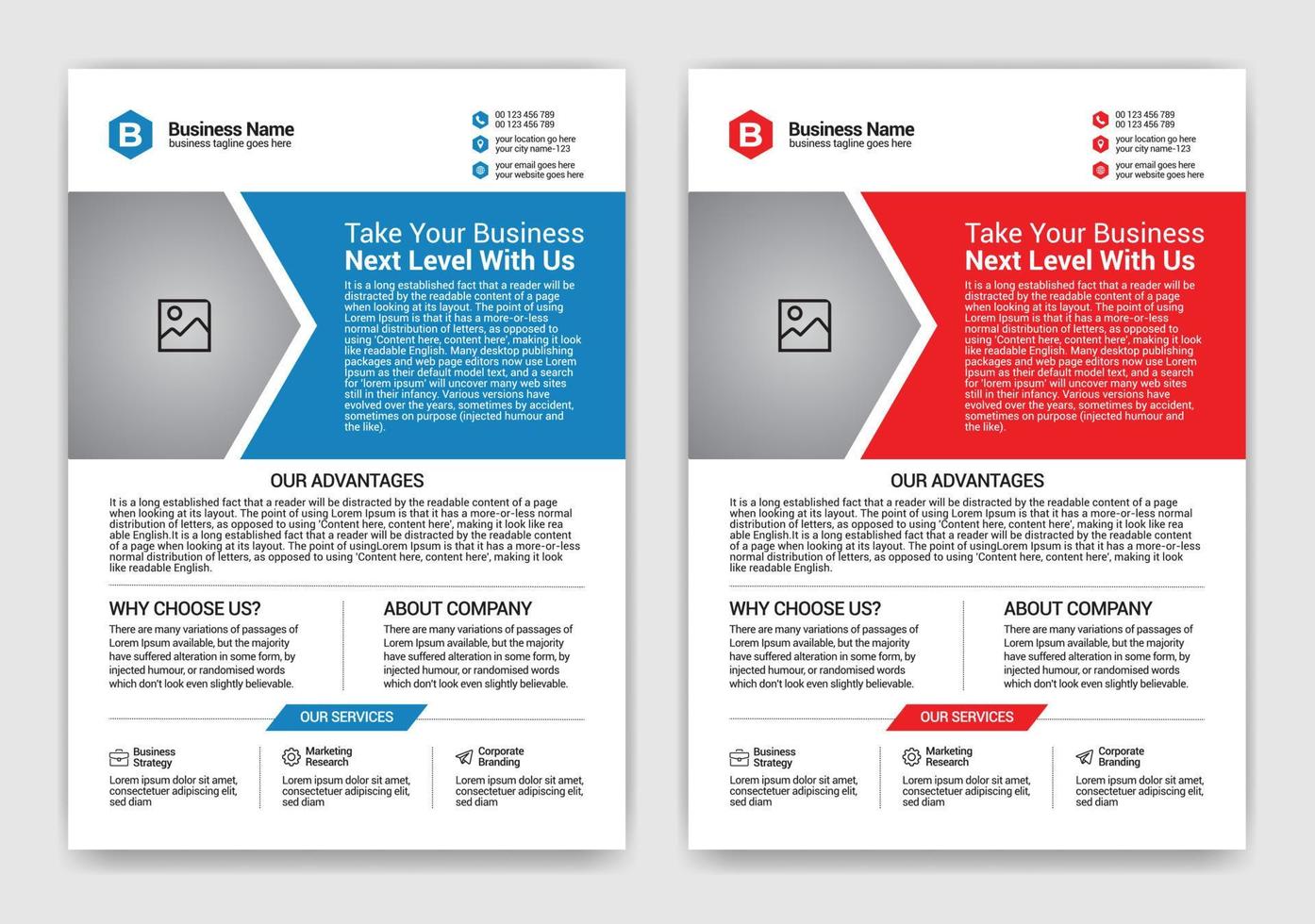 blaue und rote Farbe modernes, kreatives, auffälliges und professionelles Business- oder Corporate-Flyer-Vorlagendesign mit Rechteck-, Dreieck- und Kreisformvektor vektor