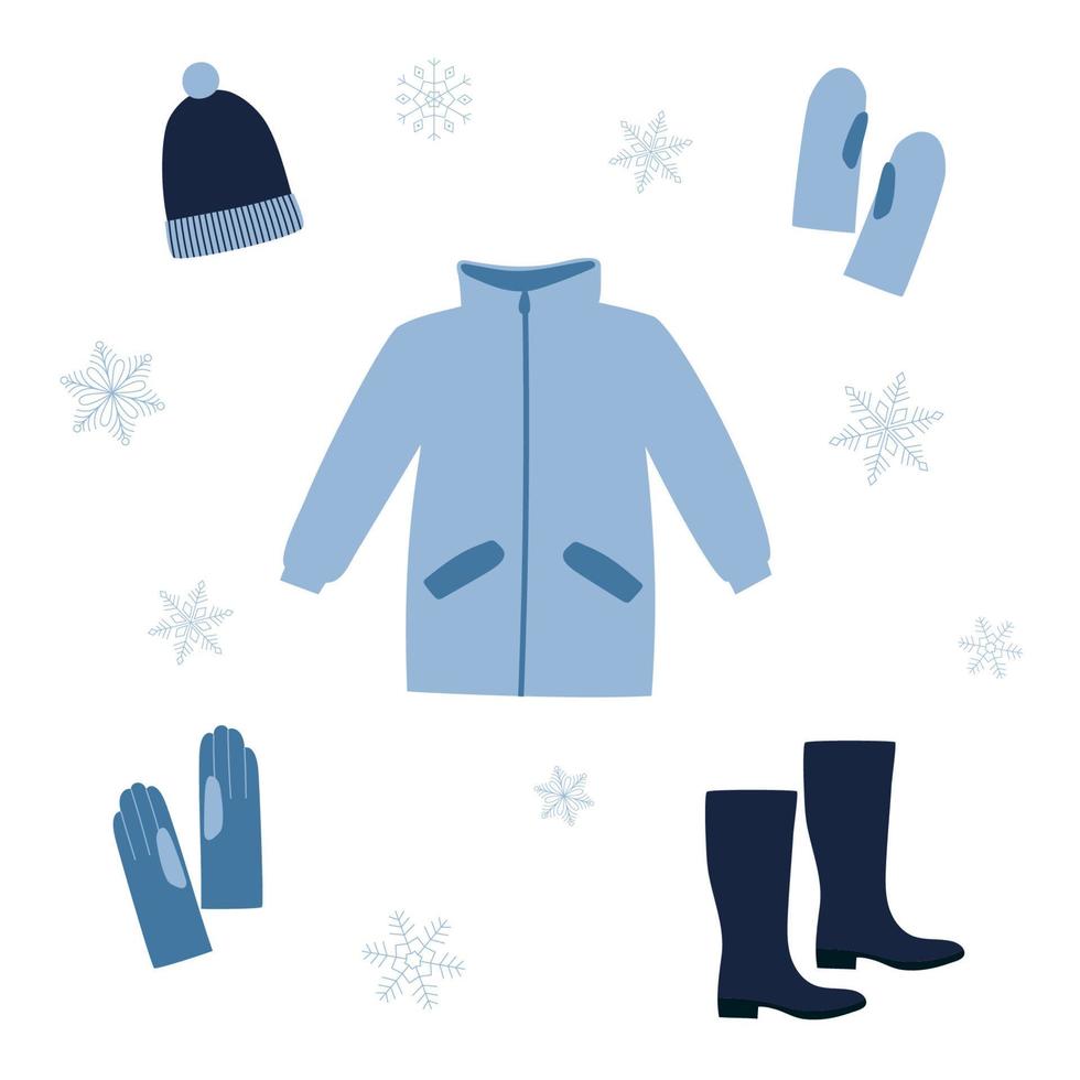 set med vinterkläder. blå vinterkappa, mössa, stövlar, vantar och handskar. varma kläder element. doodle stil. vektor