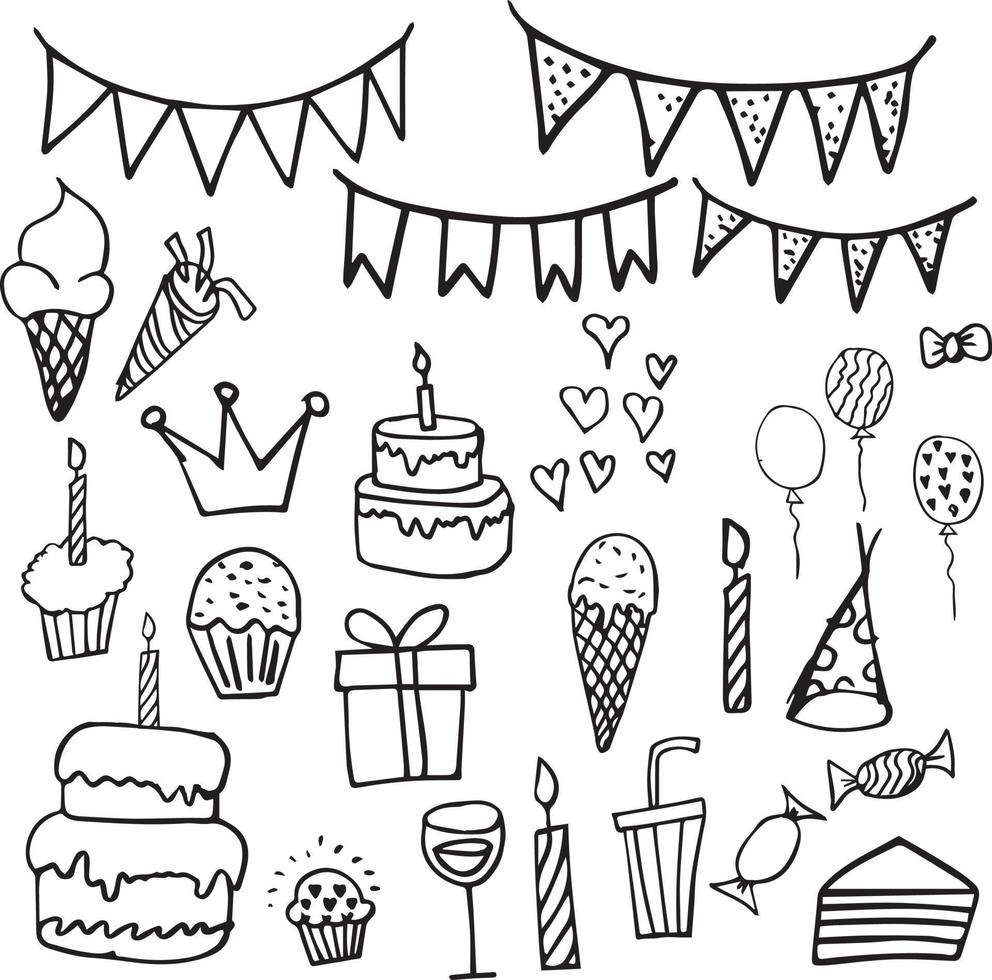 grattis på födelsedagsfesten, firande handritad linje doodles samling vektor