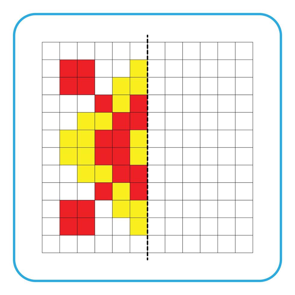 Bildreflexion Lernspiel für Kinder. lernen, Symmetrie-Arbeitsblätter für Vorschulaktivitäten auszufüllen. Ausmalen von Rasterseiten, visuelle Wahrnehmung und Pixelkunst. Beenden Sie das Blumen-Blumenornament. vektor