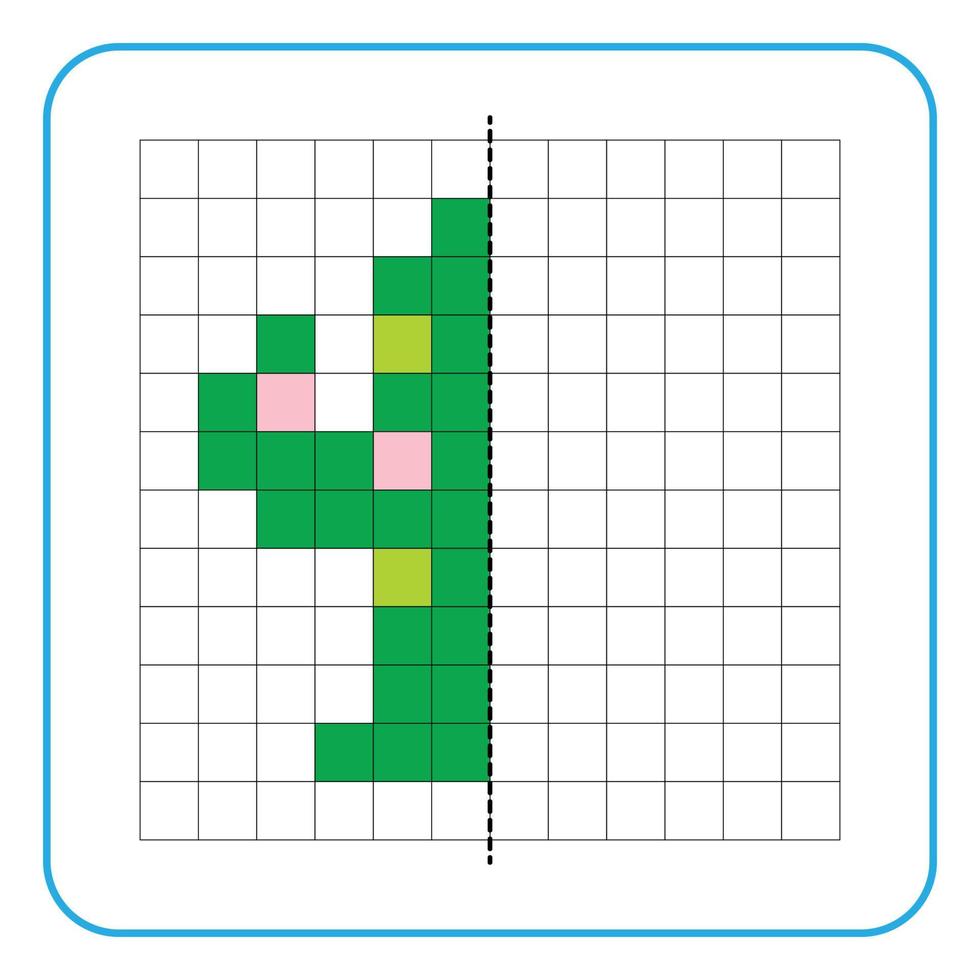 Bildreflexion Lernspiel für Kinder. lernen, Symmetrie-Arbeitsblätter für Vorschulaktivitäten auszufüllen. Ausmalen von Rasterseiten, visuelle Wahrnehmung und Pixelkunst. vervollständigen Sie das Bild der Kaktuspflanze. vektor